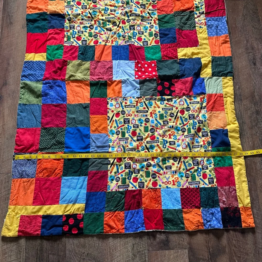 Multicolor Patchwork Twin Quilt with School Theme Handmade